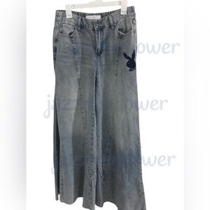 Playboy extra wide leg boho style playboy bunny logo jeans‎ size 5 brand new
